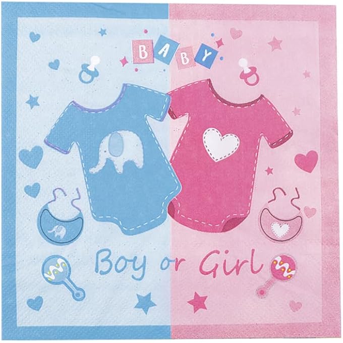 BOY OR GIRL BABY SHOWER NAPKINS, BLUE AND PINK GENDER REVEAL PAPER NAPKINS, BABY SHOWER DECORATION WITH BABY CLOTHES MOTIF, PACK OF 20